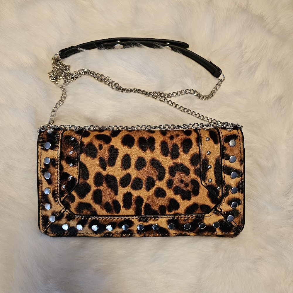 New Zara Genuine Leather Cowhide Fur Crossbody Bag Chain Purse Cheetah